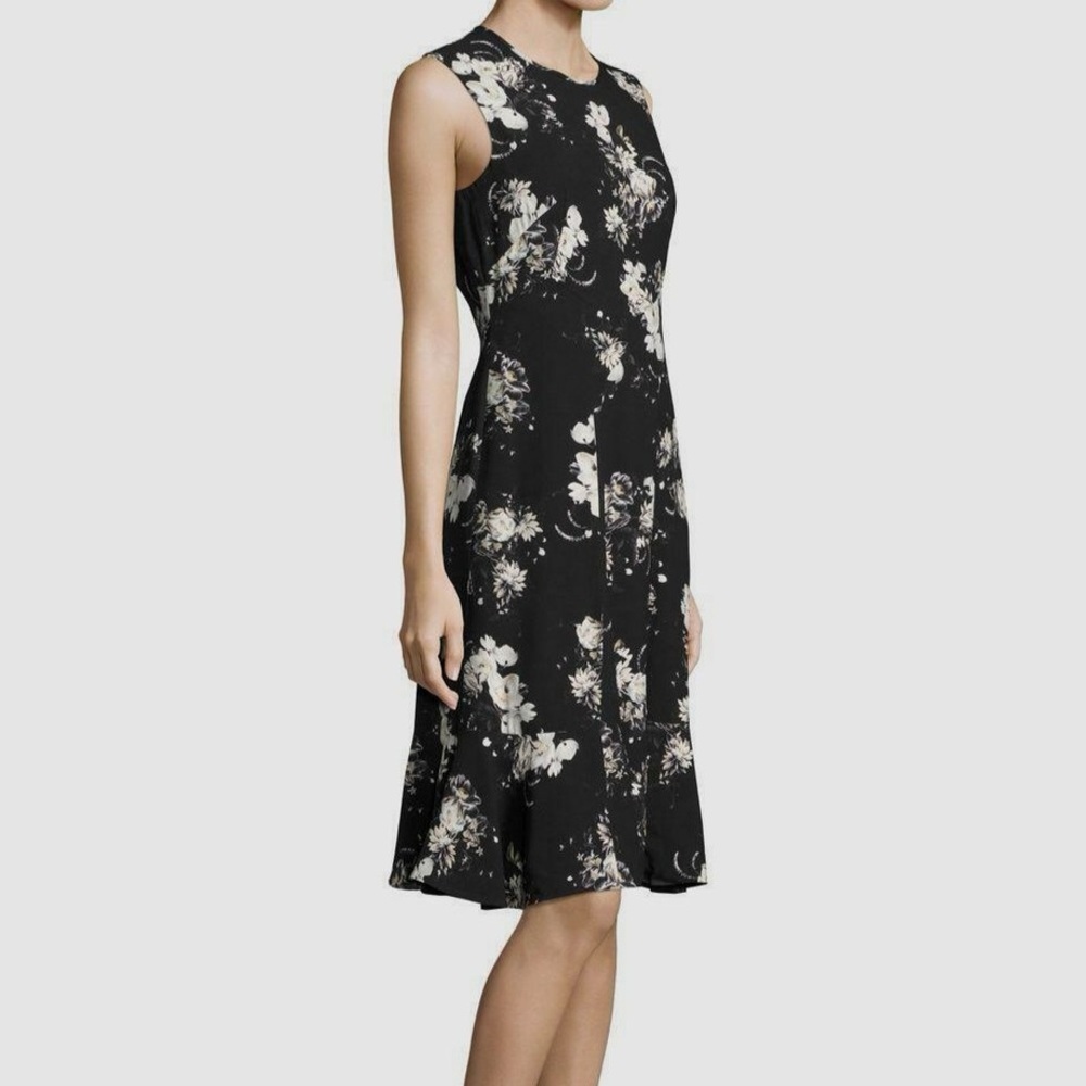 ERDEM Jana Floral Knee Length Crepe Black Floral Sleeveless Midi Dress Ruffle 12 - Picture 2 of 13